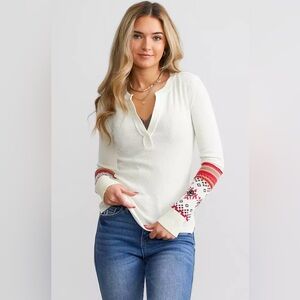 We The Free White and Red Patterned Sleeve Top